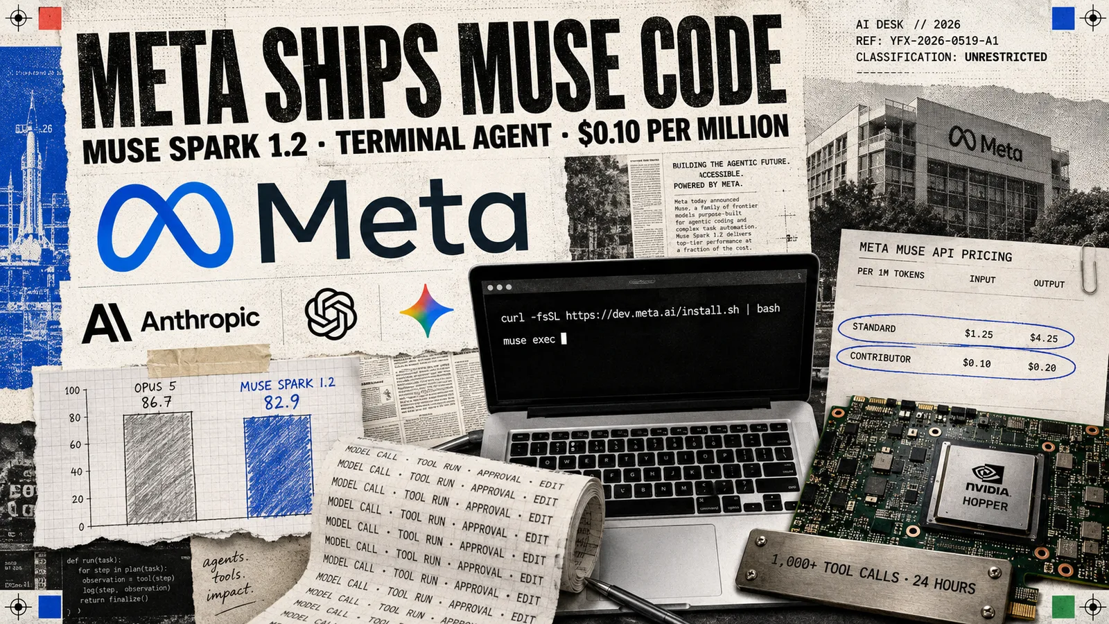 Collage of the Meta infinity mark and a terminal window running Muse Code, beside a paper bar chart showing Opus 5 ahead of Muse Spark 1.2, with a price list reading ten cents per million tokens