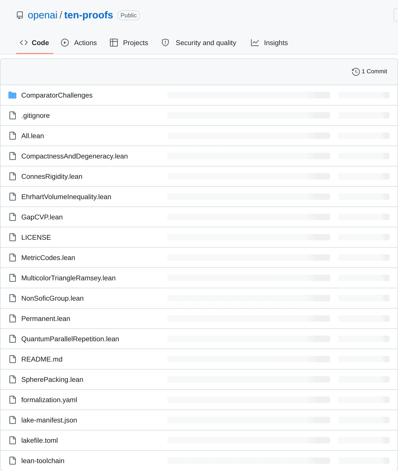 Screenshot of the GitHub repository openai/ten-proofs, marked Public, showing one commit. The file listing carries the ComparatorChallenges folder and one Lean file per result: All.lean, CompactnessAndDegeneracy.lean, ConnesRigidity.lean, EhrhartVolumeInequality.lean, GapCVP.lean, MetricCodes.lean, MulticolorTriangleRamsey.lean, NonSoficGroup.lean, Permanent.lean, QuantumParallelRepetition.lean and SpherePacking.lean, plus formalization.yaml, lake-manifest.json, lakefile.toml and lean-toolchain.