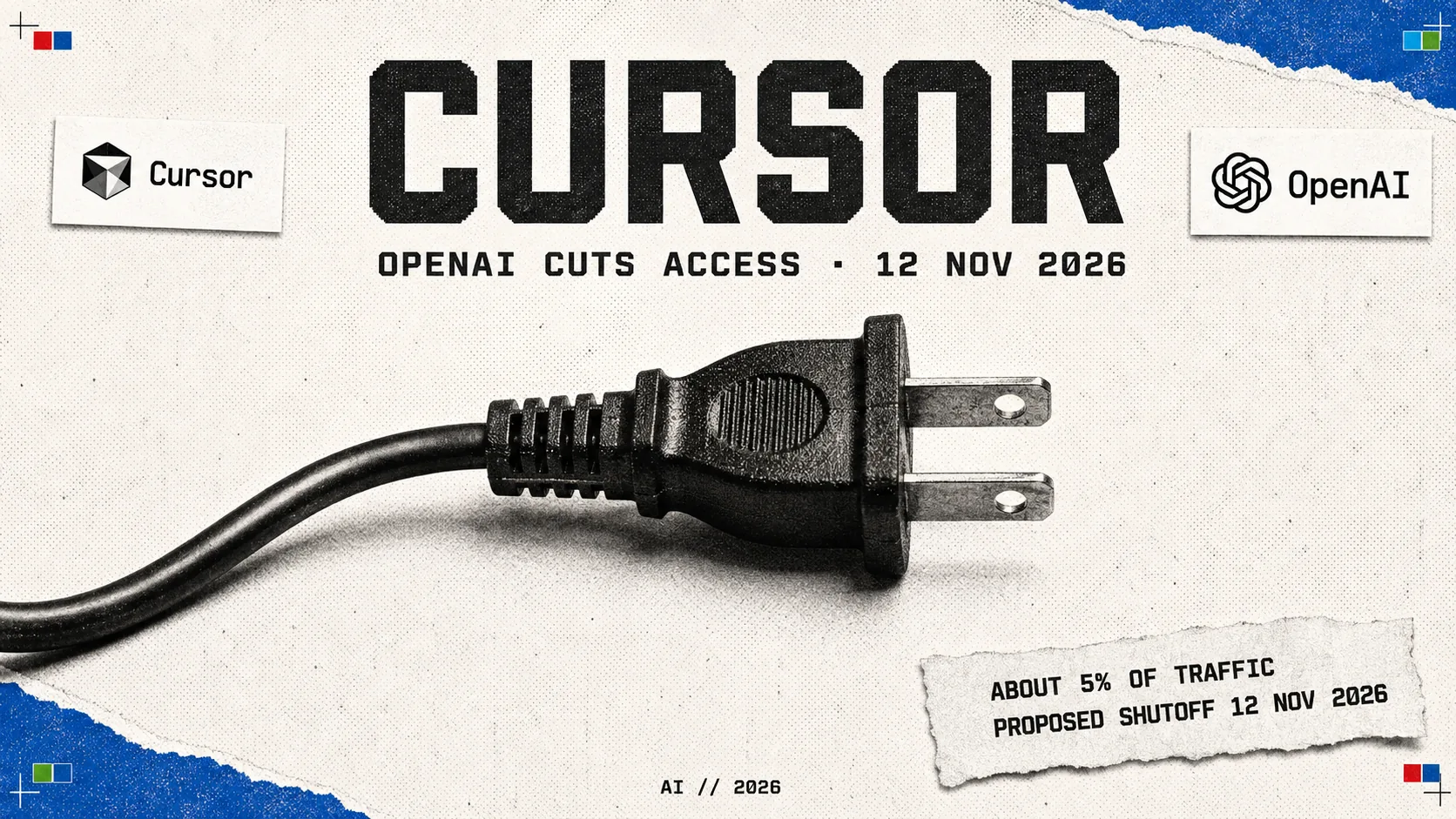 Editorial hero: a single power plug lying flat on clear newsprint, pulled from its socket with the cable trailing away, headed CURSOR with the subtitle OPENAI CUTS ACCESS, 12 NOV 2026