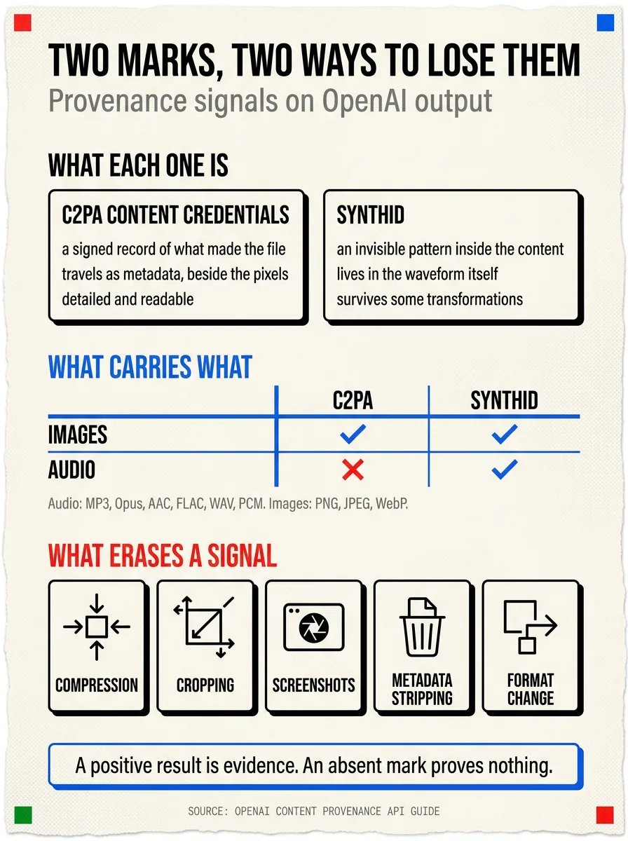 Infographic: two marks and two ways to lose them, comparing C2PA Content Credentials with SynthID, showing which media type carries which, and the five things that erase a signal