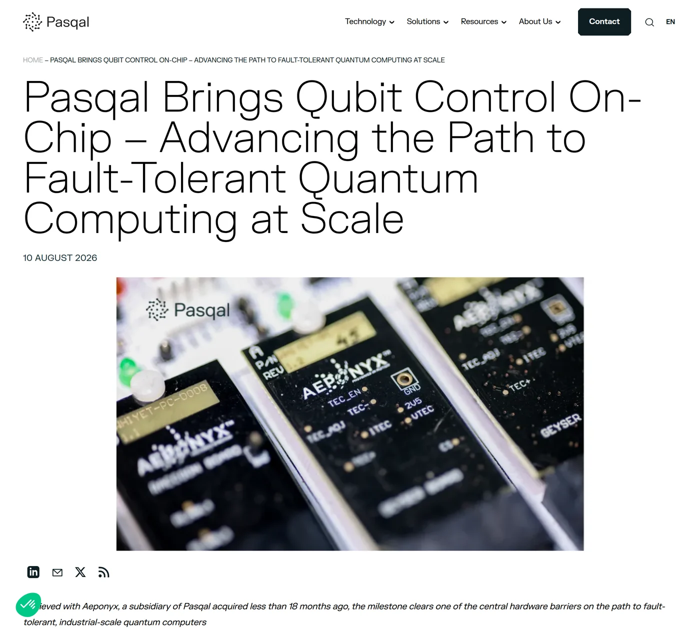 Screenshot of Pasqal's newsroom page headed Pasqal Brings Qubit Control On-Chip, dated 10 August 2026, showing the company's own photograph of three black Aeponyx circuit boards with visible TEC and GND markings.