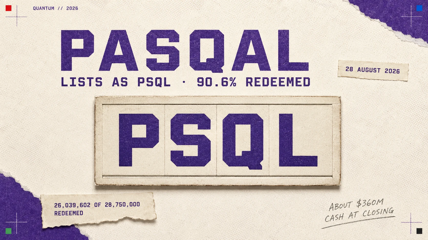Editorial hero: a Nasdaq-style ticker board drawn as a flat printed paper board filling the frame on clear newsprint, one row of large mono letters reading PSQL, headed PASQAL with the subtitle LISTS AS PSQL · 90.6% REDEEMED
