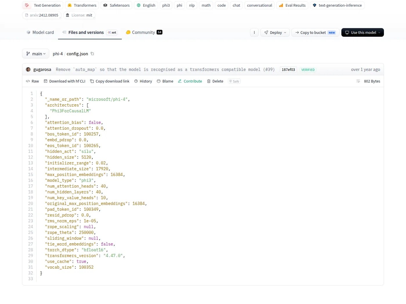 Hugging Face file view of Microsoft Phi-4's config.json showing vocab_size 100352