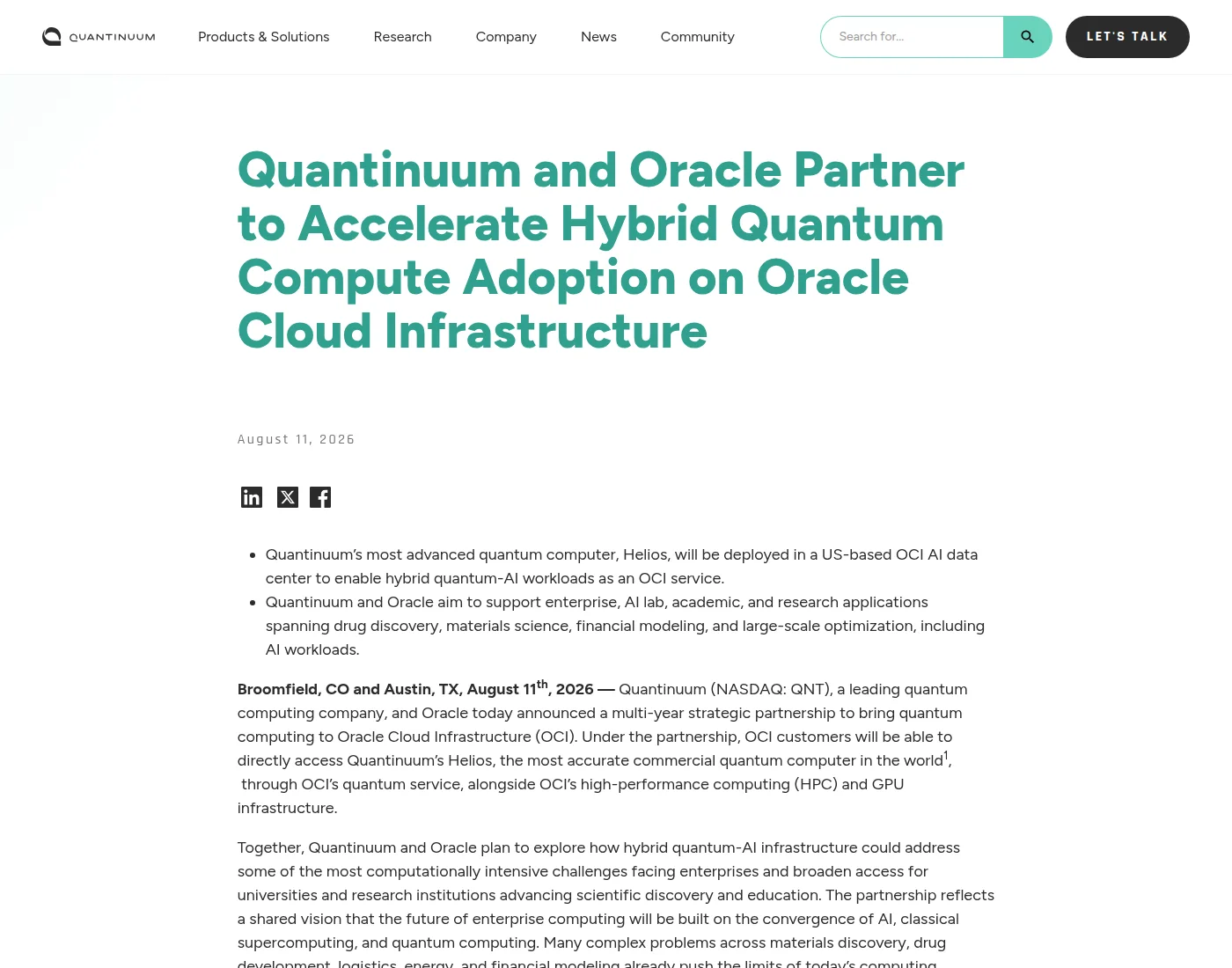 Screenshot of Quantinuum's press release headed Quantinuum and Oracle Partner to Accelerate Hybrid Quantum Compute Adoption on Oracle Cloud Infrastructure, dated August 11, 2026, with bullet points naming the US-based OCI AI data center deployment