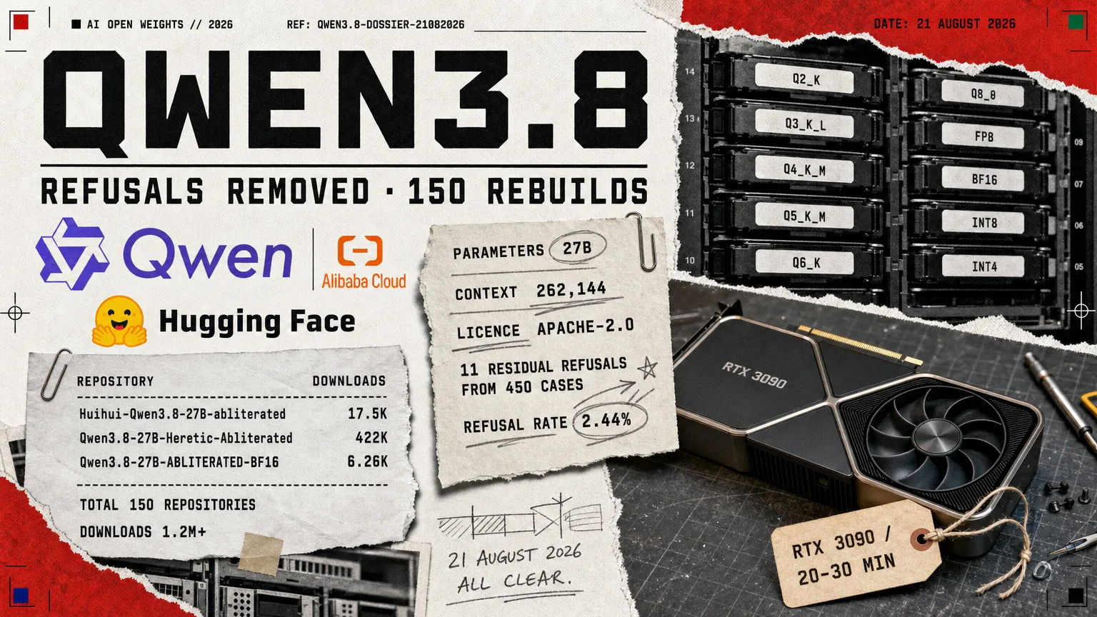 Editorial collage headed QWEN3.8 with the subtitle REFUSALS REMOVED - 150 REBUILDS IN 7 DAYS: the Alibaba Qwen wordmark and the Hugging Face logo, a printed sheet of model repository names with download counts, a single graphics card on a bench, and a torn spec sheet reading 11 RESIDUAL REFUSALS FROM 450 CASES