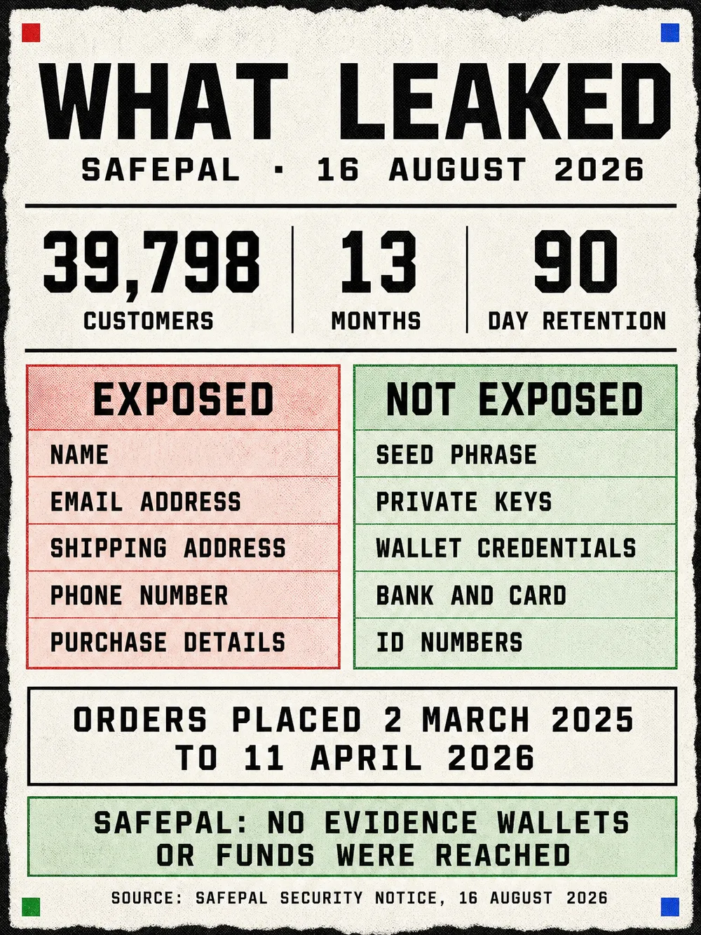 Infographic headed What leaked, SafePal, 16 August 2026. Three figures: 39,798 customers, 13 months, 90 day retention. Exposed, in red: name, email address, shipping address, phone number, purchase details. Not exposed, in green: seed phrase, private keys, wallet credentials, bank and card, ID numbers. SafePal reports no evidence that wallets or funds were reached. Orders placed 2 March 2025 to 11 April 2026. Source: SafePal security notice, 16 August 2026.