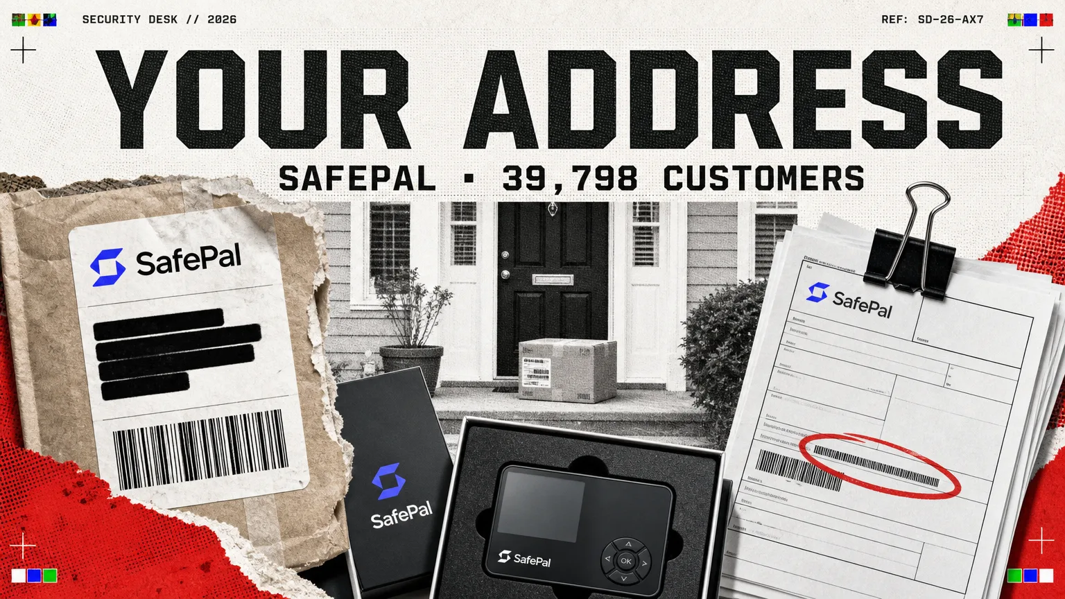 Editorial collage headed YOUR ADDRESS in square monospaced type: the SafePal wordmark on a torn parcel label with the name and street address blacked out, a SafePal hardware wallet in its opened retail box, a suburban front door with a parcel on the step, and a clipped order docket with its barcode ringed in red
