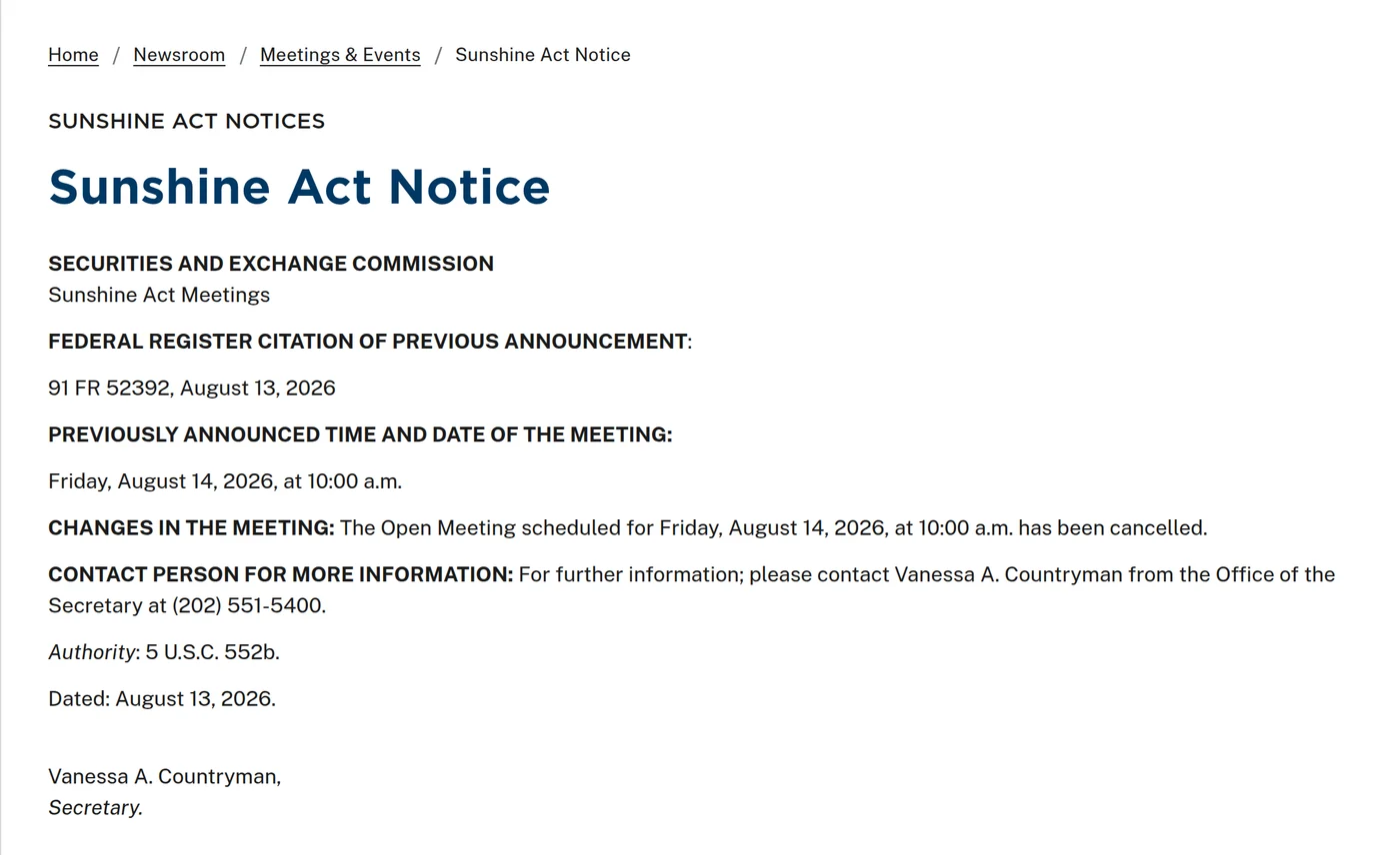 Screenshot of the SEC Sunshine Act notice dated 13 August 2026 stating that the open meeting scheduled for Friday, August 14, 2026 at 10:00 a.m. has been cancelled, signed by Vanessa A. Countryman, Secretary