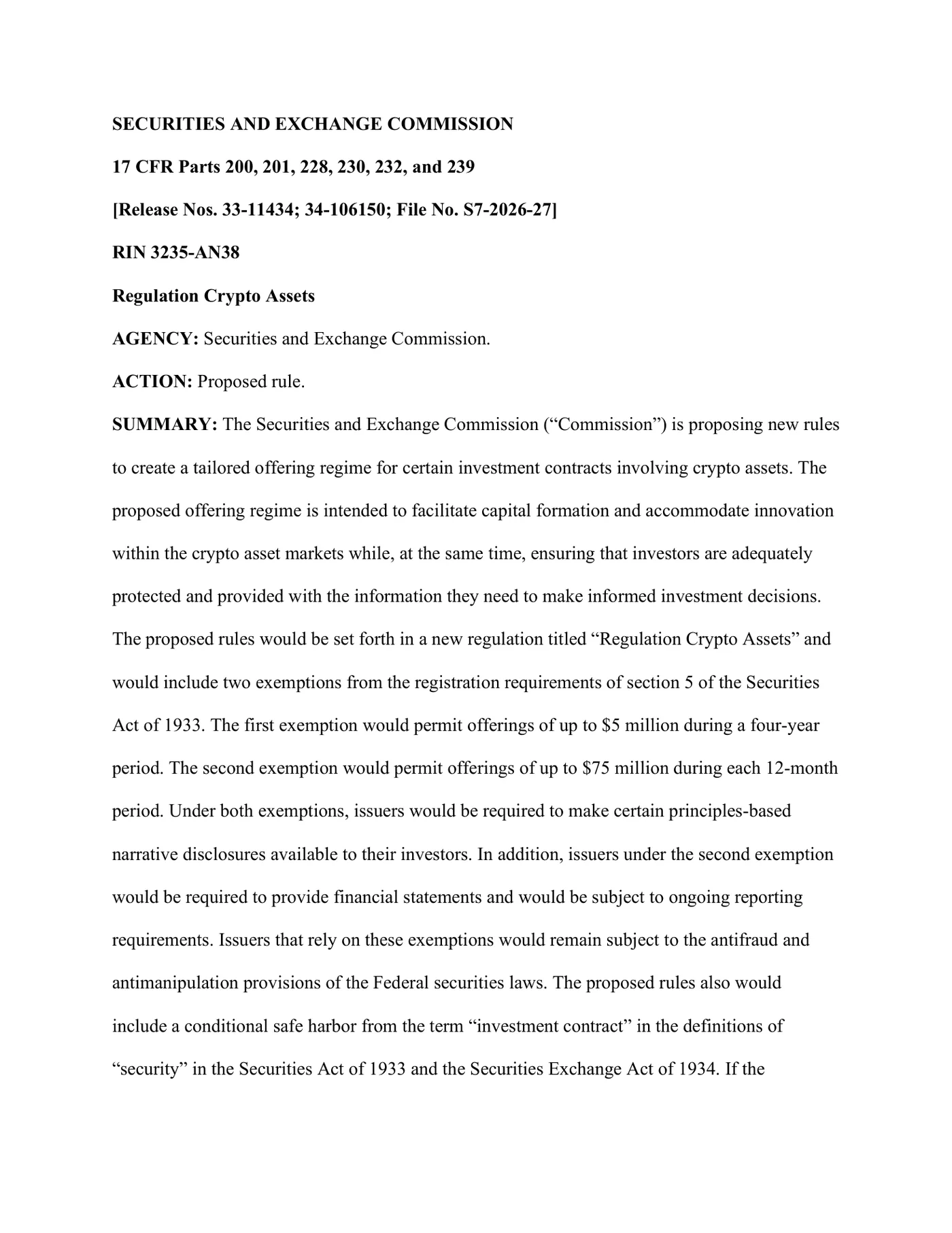 First page of SEC proposing release 33-11434, headed Securities and Exchange Commission, 17 CFR Parts 200, 201, 228, 230, 232 and 239, Release Nos. 33-11434 and 34-106150, File No. S7-2026-27, RIN 3235-AN38, Regulation Crypto Assets, marked ACTION: Proposed rule