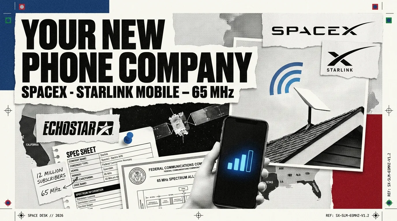 Collage: a Starlink dish on a rooftop redrawn as a mobile base station, the EchoStar spectrum licence, and a phone showing bars from orbit