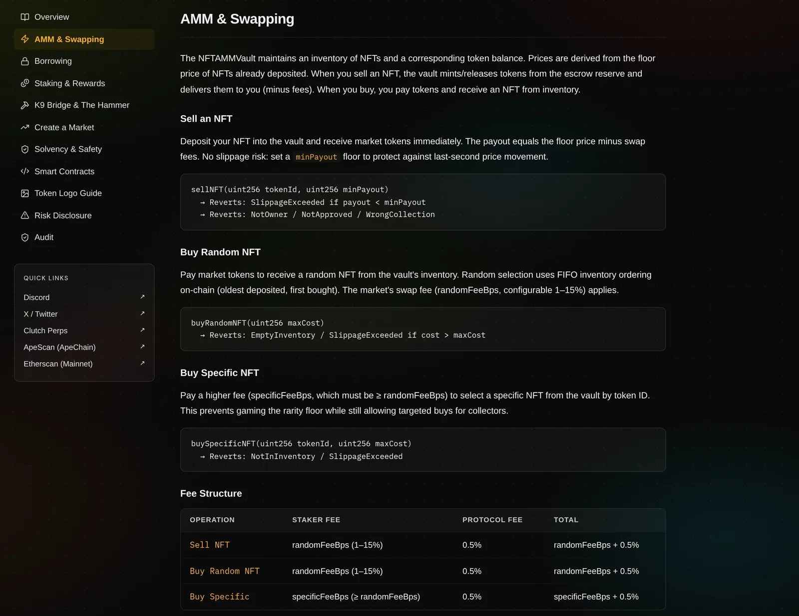 Anvil’s AMM and Swapping documentation: the NFTAMMVault holds an inventory of NFTs and a corresponding token balance, sellNFT pays the floor price minus swap fees, buyRandomNFT uses FIFO ordering with a configurable 1 to 15% swap fee, buySpecificNFT costs more, and a fee table showing a staker fee of 1 to 15% plus a 0.5% protocol fee.