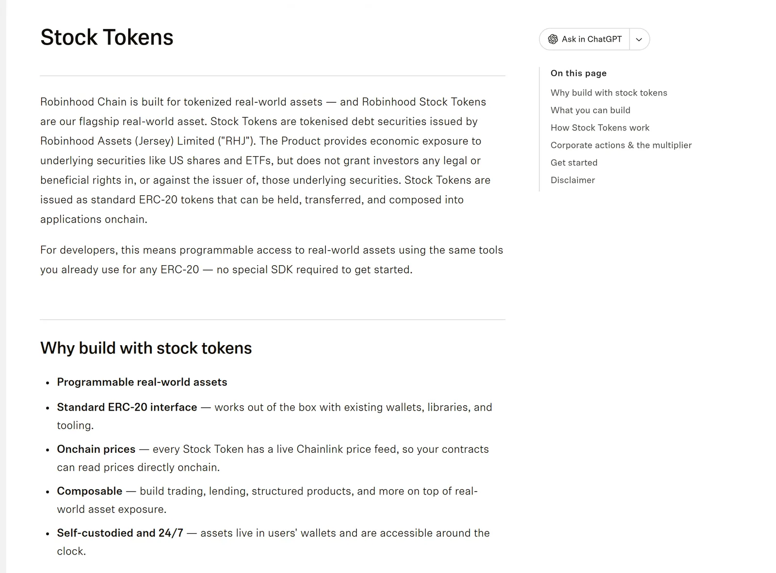 Robinhood Chain’s Stock Tokens documentation page, describing them as tokenised debt securities issued by Robinhood Assets (Jersey) Limited, issued as standard ERC-20 tokens that can be held, transferred and composed into applications onchain.