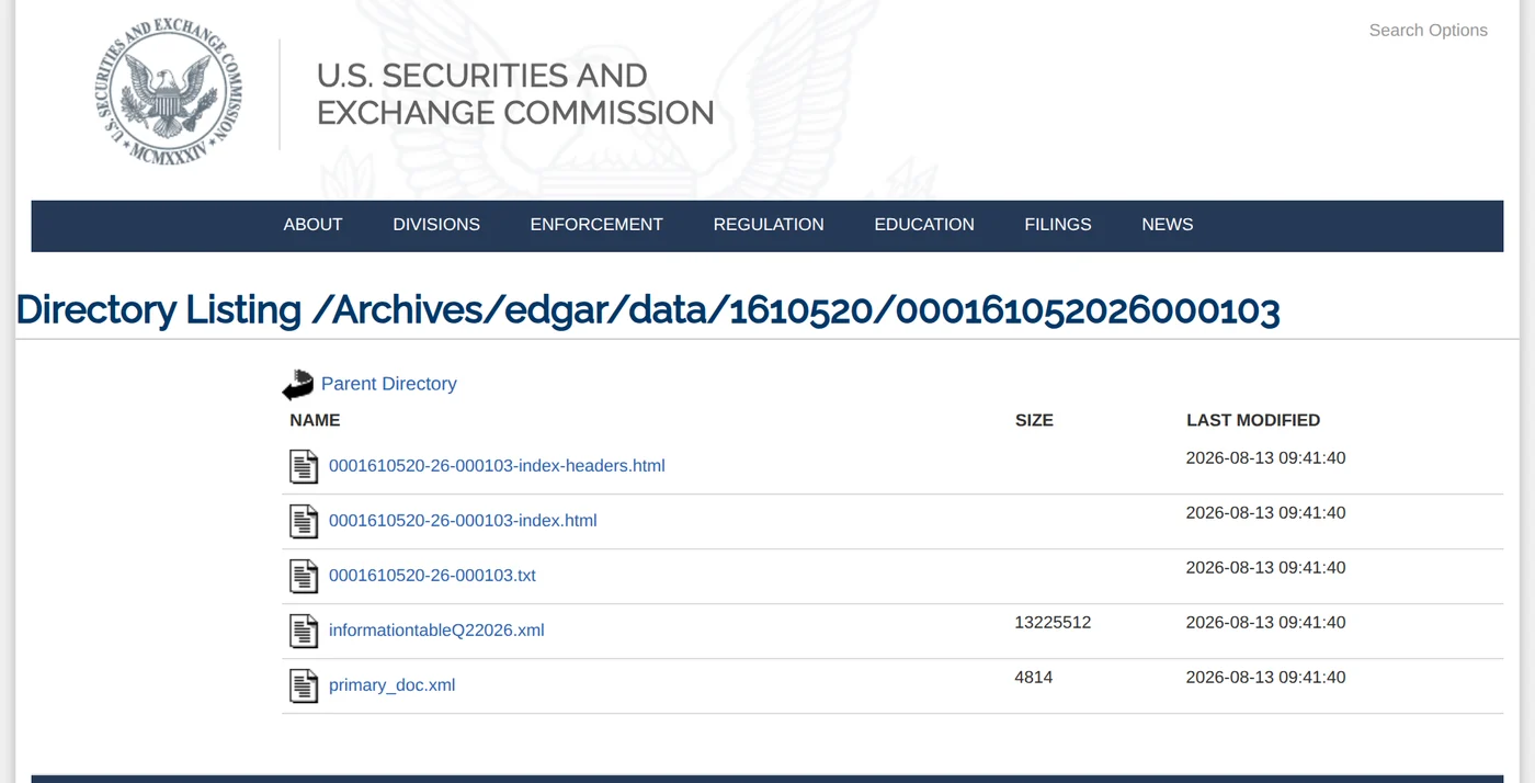 Screenshot of the SEC EDGAR filing index for UBS Group AG accession number 0001610520-26-000103, a Form 13F-HR accepted 13 August 2026, listing the information table XML for the quarter ended 30 June 2026