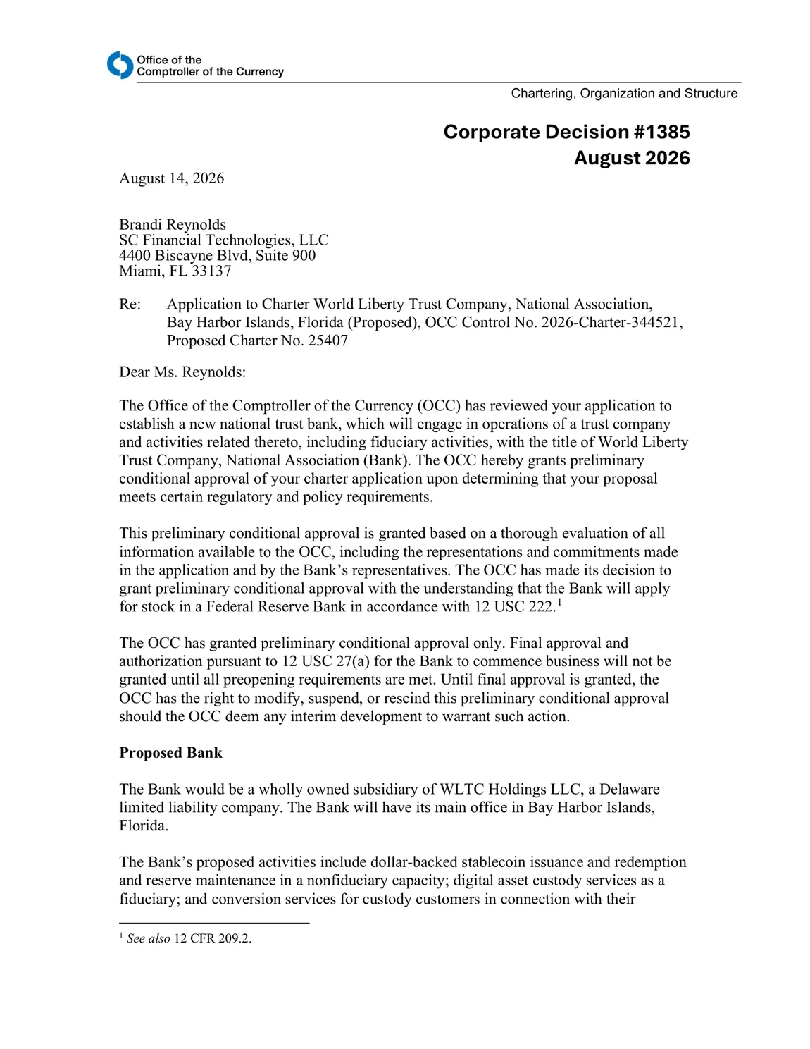Screenshot of the first page of OCC Corporate Decision number 1385, dated 14 August 2026, addressed to the applicant's representative, regarding the application to charter World Liberty Trust Company, National Association, Bay Harbor Islands, Florida