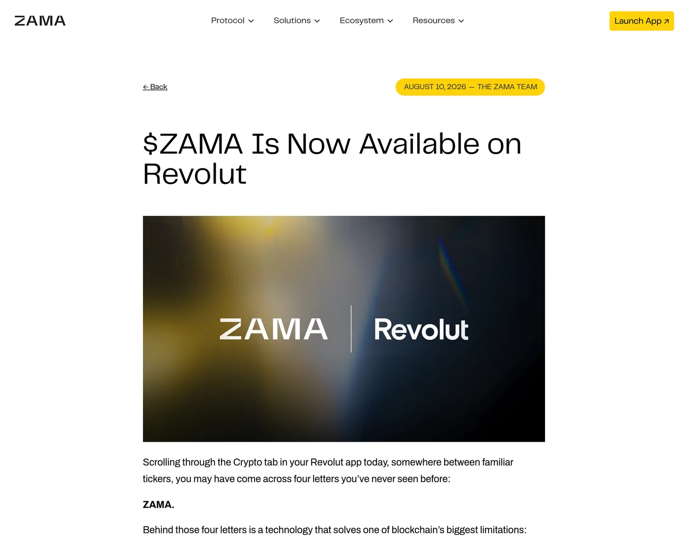 Screenshot of Zama's blog post headed dollar ZAMA Is Now Available on Revolut, dated August 10 2026 and bylined The Zama Team, showing a co-branded ZAMA and Revolut banner image and an opening line about scrolling through the Crypto tab in the Revolut app.