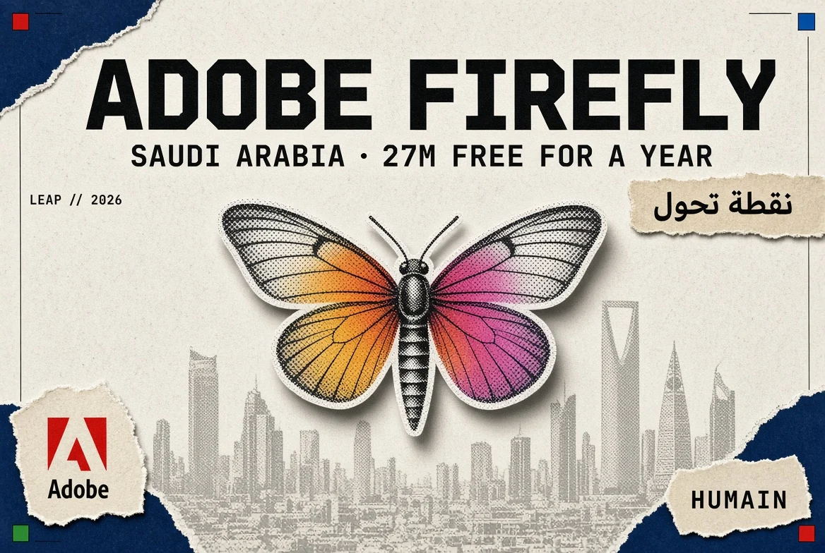 Editorial hero: the Adobe Firefly mark on a Riyadh conference stage backdrop, large and unobstructed on clear newsprint, headed ADOBE FIREFLY with the subtitle SAUDI ARABIA · 27M FREE FOR A YEAR