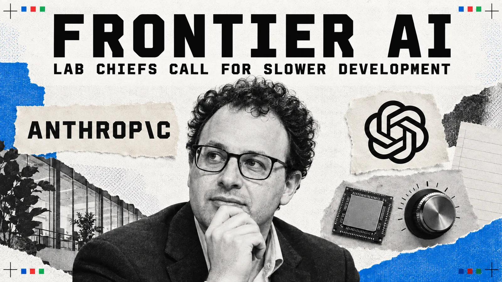 Editorial portrait of Dario Amodei beside AI company branding, a processor and a physical speed-control dial.