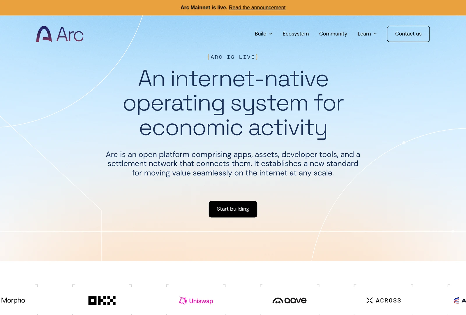 Arc's own website on launch day, with a banner reading Arc Mainnet is live, the Arc arch logo and wordmark, the line ARC IS LIVE above the heading An internet-native operating system for economic activity, and a row of ecosystem logos including Morpho, OKX, Uniswap, Aave and Across.