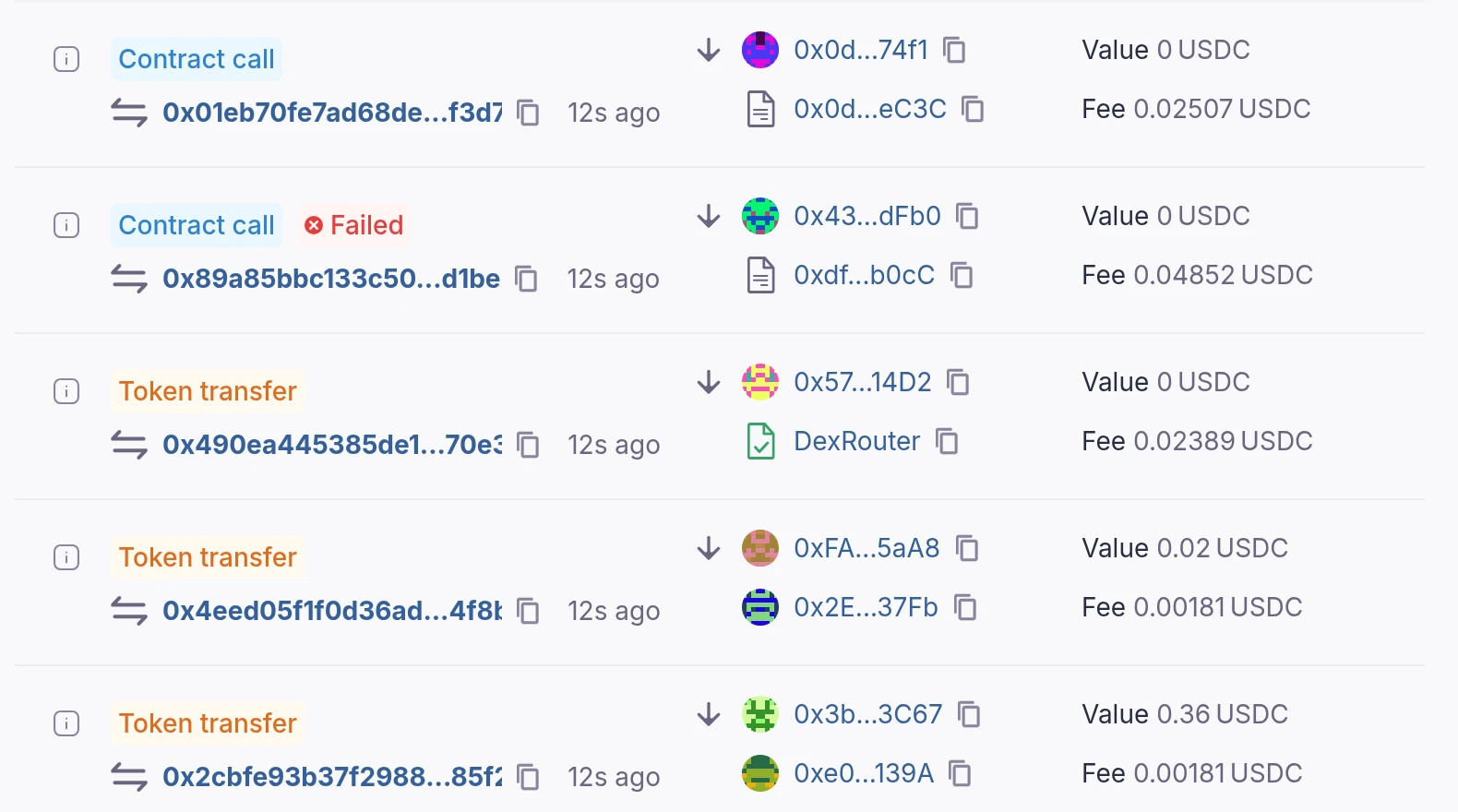 Five consecutive Arc Mainnet transactions in the explorer: two contract calls, the second marked Failed, then three token transfers. Fees read 0.02507, 0.04852, 0.02389, 0.00181 and 0.00181 USDC, and values are shown in USDC.