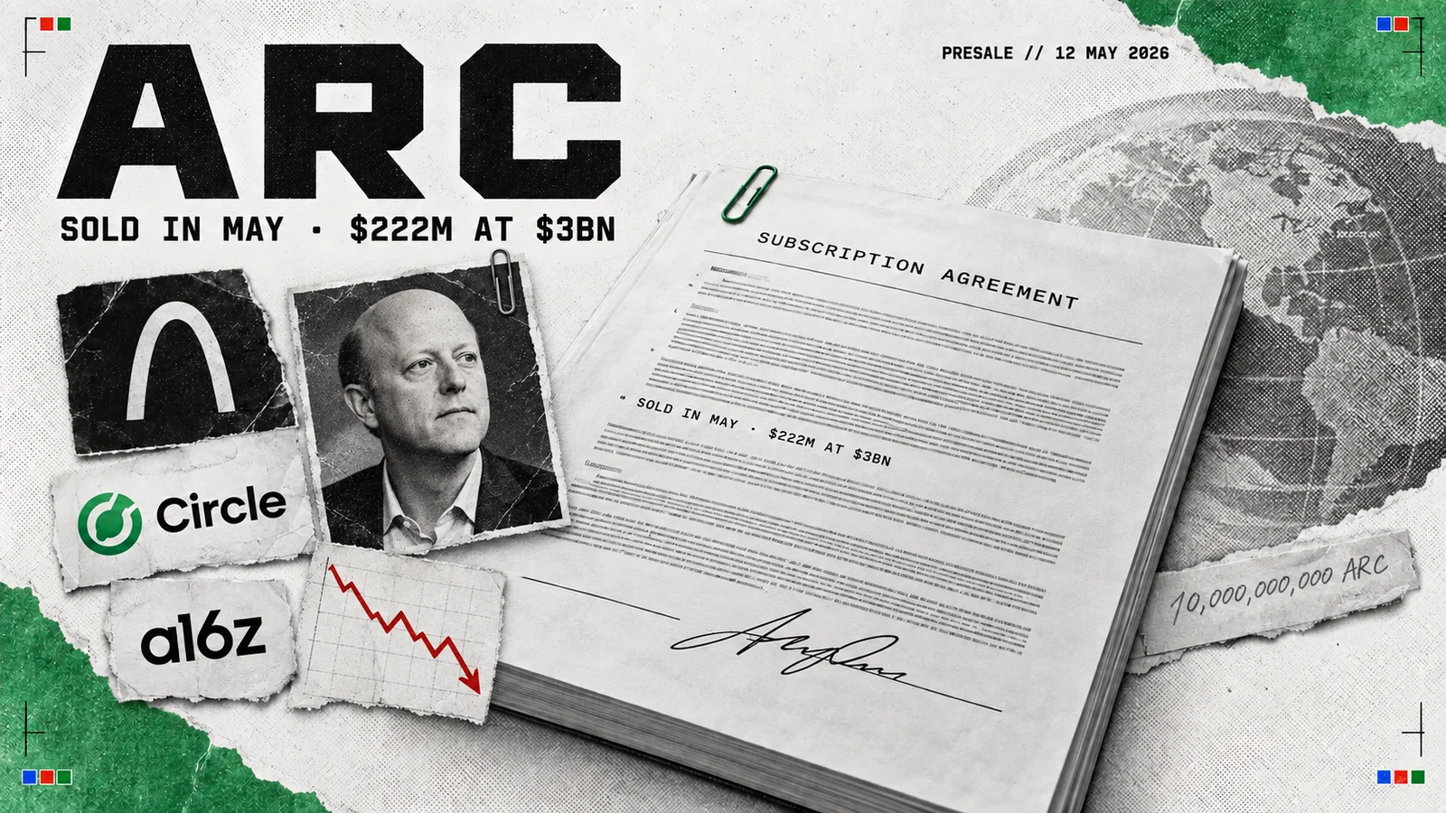 Editorial collage on torn off-white newsprint with green corner blocks: the huge headline ARC over the line SOLD IN MAY, $222M AT $3BN, beside a thick subscription agreement lying open with a green paper-clip and a signature across its ruled line. Around it sit a black-and-white portrait of Jeremy Allaire, the Arc arch mark, the Circle logo, the a16z wordmark, a small squared-paper note carrying a red line falling steeply, and a pencilled strip reading 10,000,000,000 ARC. A corner code reads PRESALE // 12 MAY 2026.