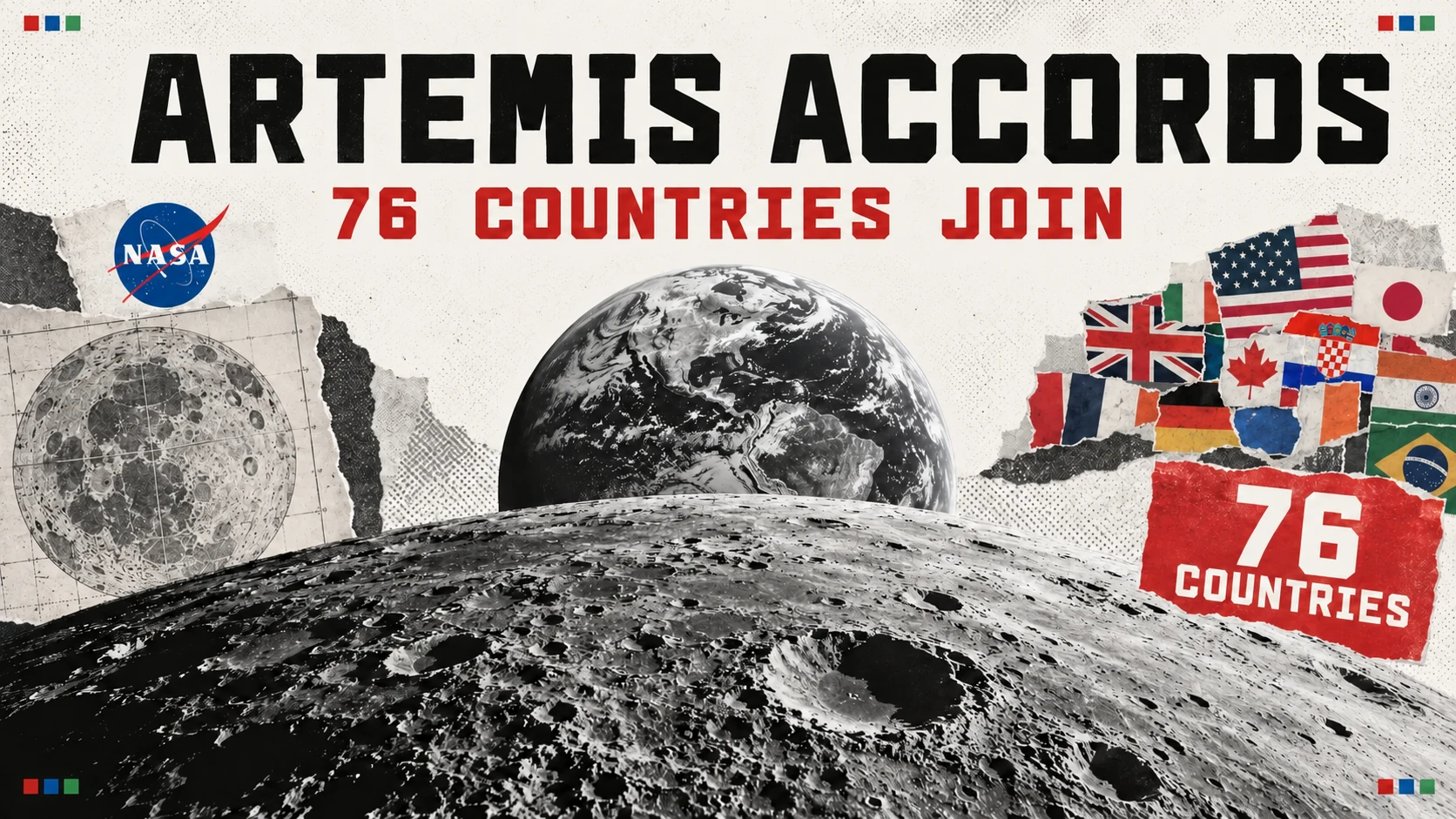 Editorial illustration of the Moon, Earth, national flags and the figure 76 beside the Artemis Accords heading