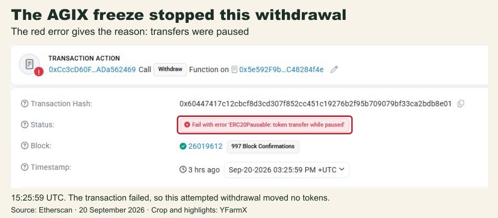 Failed AGIX escrow withdrawal with the error that the token transfer occurred while paused