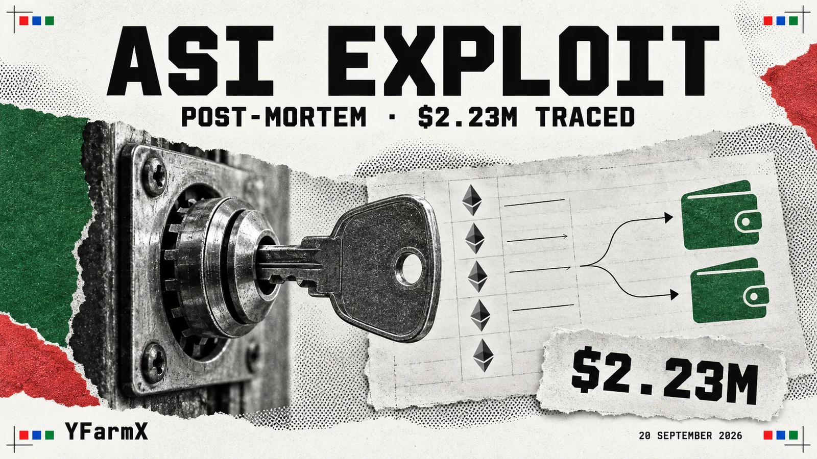 Editorial collage of an admin key and lock, Ethereum transfers and two wallets, headed ASI exploit: post-mortem, $2.23 million traced