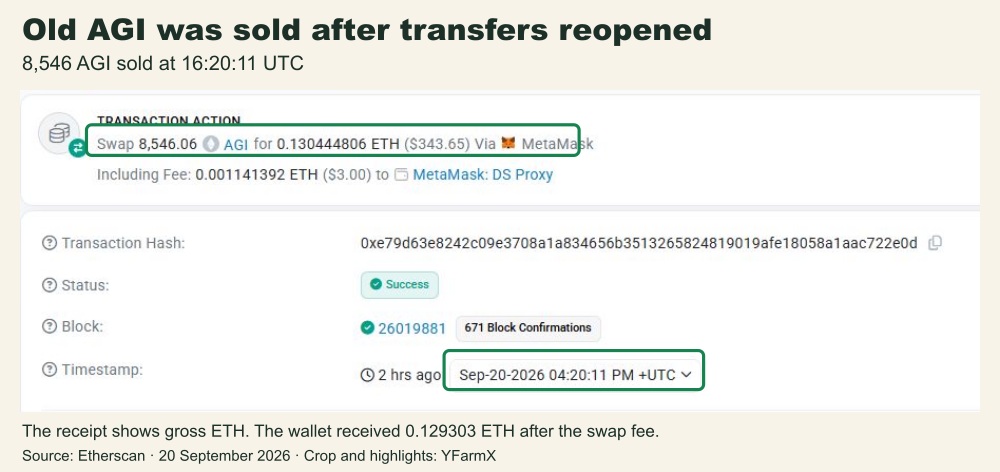 Etherscan receipt showing the legacy AGI sale and the ETH transfers it produced