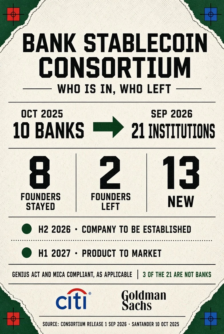 Infographic: the bank stablecoin consortium in numbers. Twenty-one institutions committed on 1 September 2026, up from ten in October 2025. Eight founders remain, two left, thirteen are new. Three of the 21 are not banks. The company is to be established in the second half of 2026, subject to closing conditions, with the product aimed at the first half of 2027. The stablecoin sector holds about $310bn today, of which Tether's USDT is $183.3bn and Circle's USDC is $73.6bn. Sources: the consortium's release of 1 September 2026, Banco Santander's release of 10 October 2025, DefiLlama.