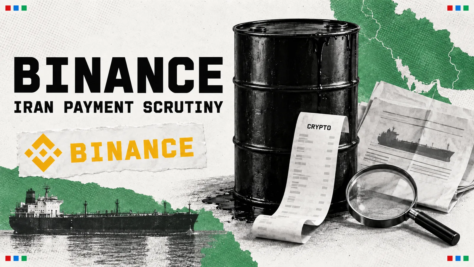 Editorial illustration of an oil barrel, Binance branding, a transaction receipt and a magnifying glass.