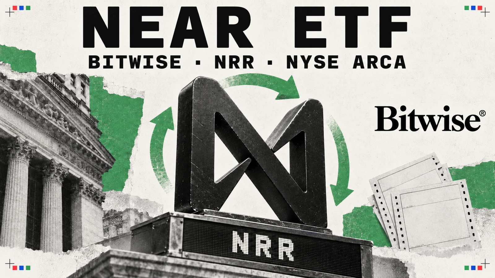 Editorial collage with the NEAR logo above an NRR ticker strip, a Bitwise wordmark and green staking arrows
