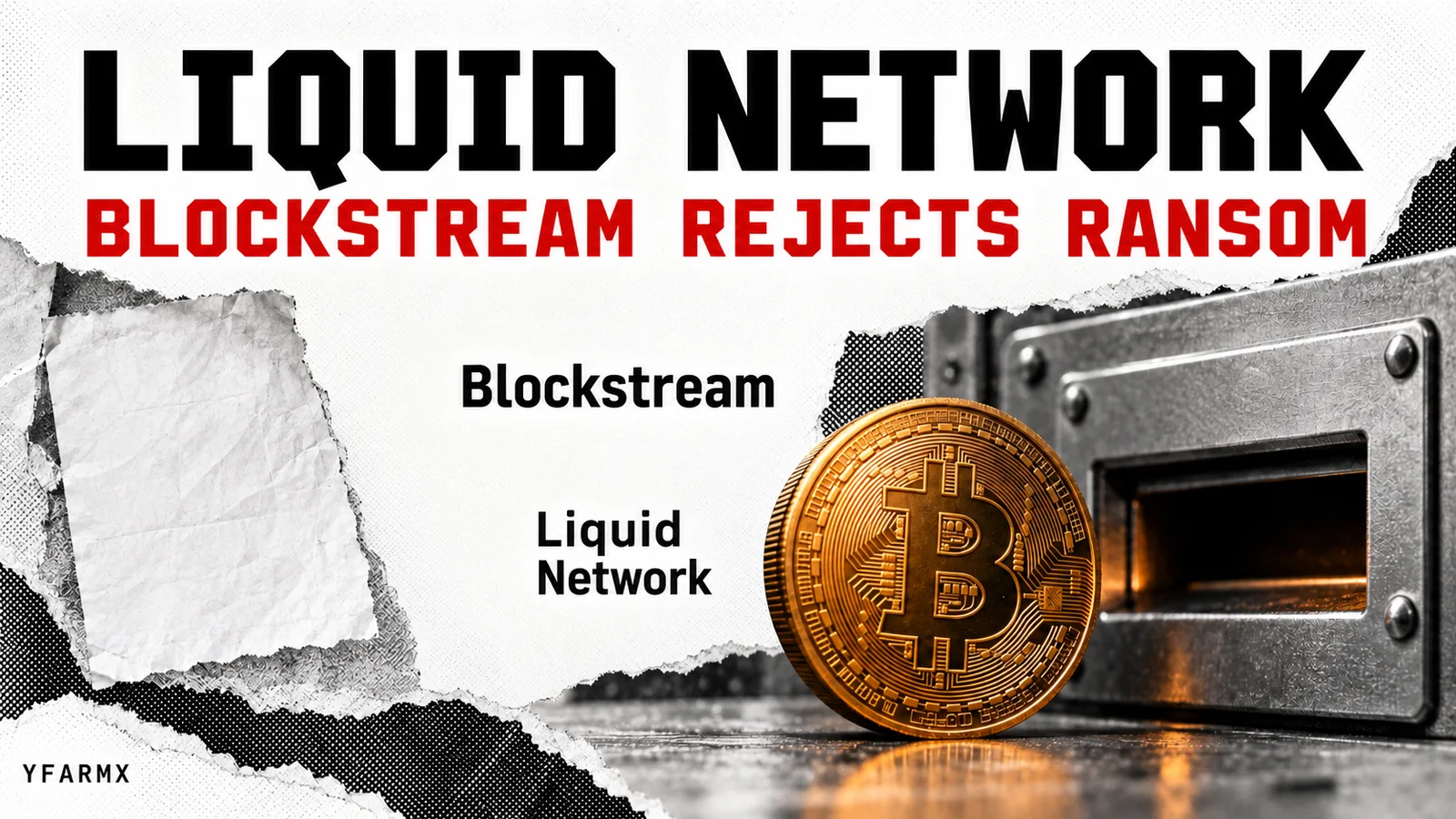 Editorial collage of a Bitcoin coin, a vault return slot and the Blockstream and Liquid names.