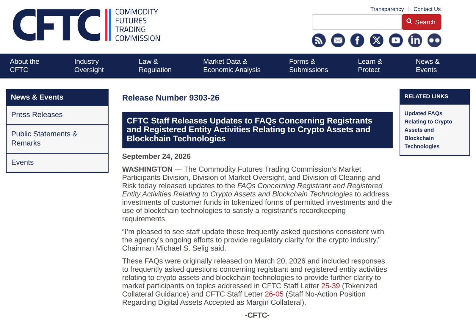 The CFTC website showing release 9303-26 of 24 September 2026, headed CFTC Staff Releases Updates to FAQs Concerning Registrants and Registered Entity Activities Relating to Crypto Assets and Blockchain Technologies, naming the Market Participants Division, Division of Market Oversight and Division of Clearing and Risk, quoting Chairman Michael S. Selig, and linking the updated FAQs and staff letters 25-39 and 26-05.