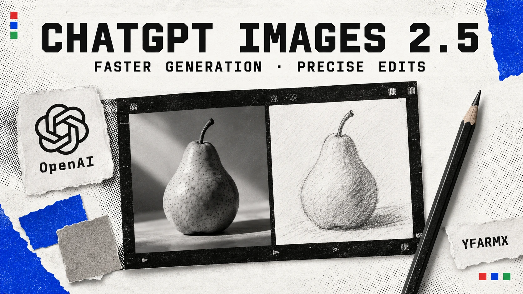 A pear photograph and matching pencil sketch on a contact sheet beside the OpenAI logo.