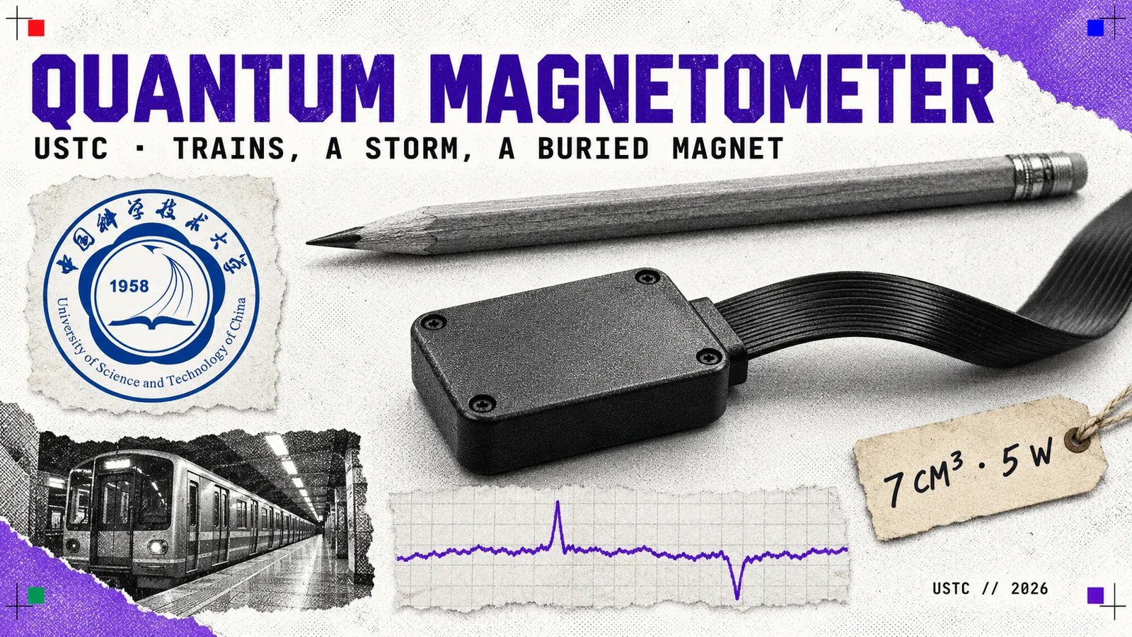 Editorial collage on bright newsprint of a small black magnetometer sensor head on a flat cable beside a pencil, with a purple magnetic field trace on torn chart paper and the University of Science and Technology of China emblem, headed QUANTUM MAGNETOMETER with the line USTC · TRAINS, A STORM, A BURIED MAGNET