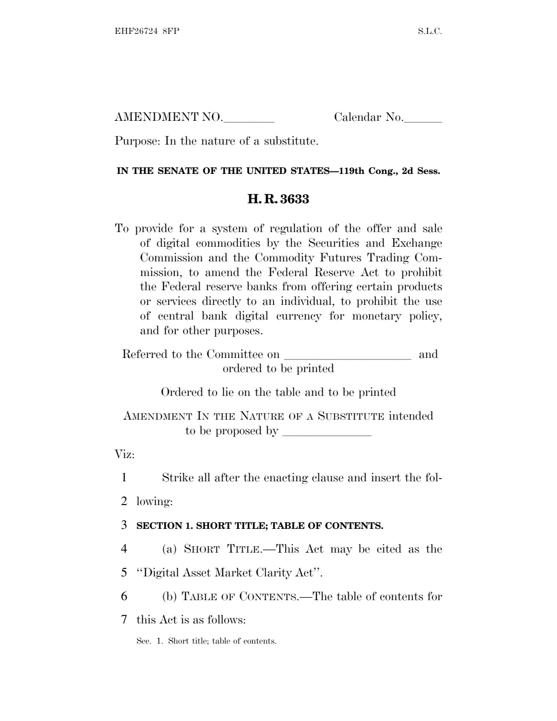 First page of Senate draft EHF26724 identifying its purpose as a substitute amendment to H.R. 3633.