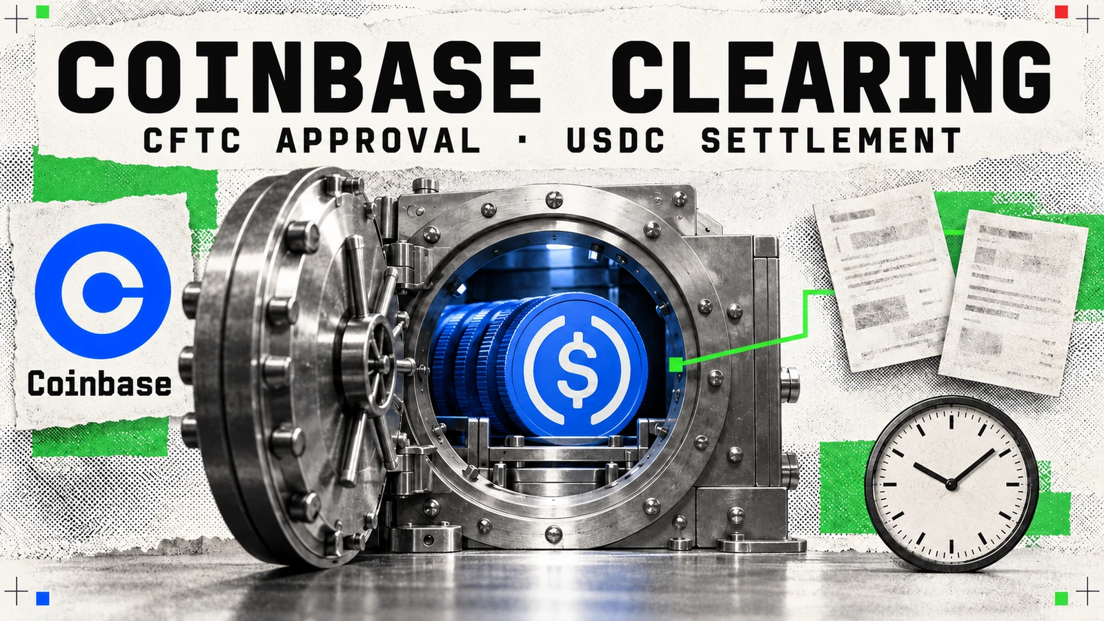 Editorial collage of a Coinbase clearing vault holding USDC coins, linked to trade tickets beside a clock