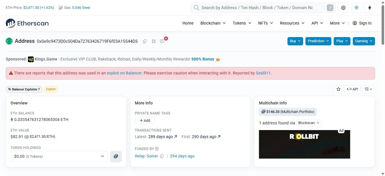 Etherscan overview page for address 0x0e9c carrying the public name tag Balancer Exploiter 7, with a warning citing SEAL 911, showing 37 notes deposited on 15 November 2025.