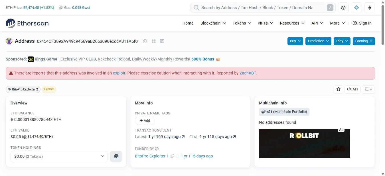 Etherscan overview page for address 0x454cf389 carrying the public name tag BitoPro Exploiter 2, an exploit warning citing the investigator ZachXBT, and a Funded By line naming BitoPro Exploiter 1.