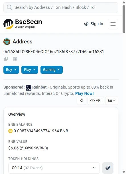 BscScan overview page for address 0x1a35bD28 on BNB Smart Chain, showing its transaction history and the liquidation activity.