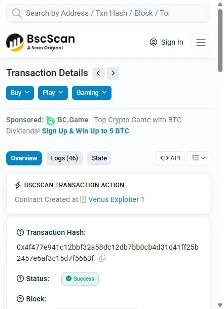 BscScan header view of the attack transaction 0x4f477e94 on 15 March 2026 at 11:55:18 UTC, showing a contract creation.