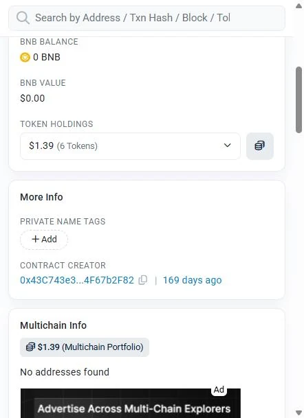 BscScan screenshot showing the creator of contract 0x737bc98f is address 0x43c743e3.