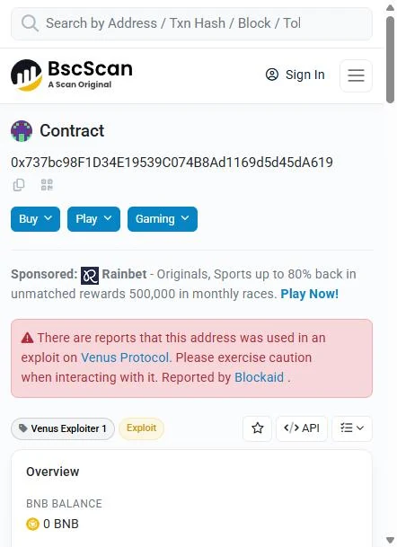 BscScan contract page for 0x737bc98f carrying the public name tag Venus Exploiter 1 and a Blockaid security warning.