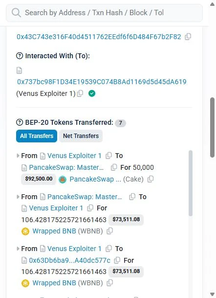 BscScan token-transfer view of one loop call, showing CAKE borrowed from Venus being sold into the PancakeSwap CAKE to wrapped BNB pair.