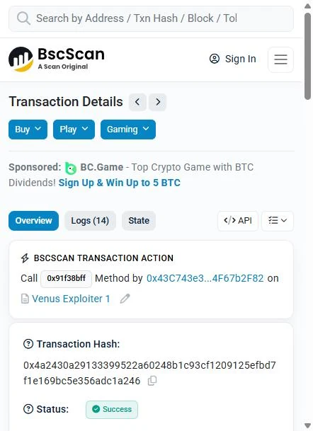 BscScan screenshot of one of the 48 loop calls, method 0x91f38bff, sent by 0x43c743e3 to the attack contract.