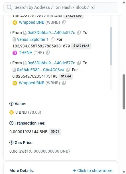 BscScan token-transfer view showing the Thena pair returning THE tokens to the attack contract within the same loop call.