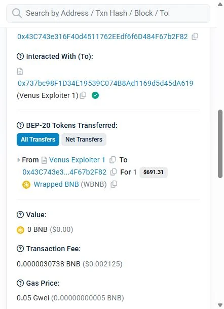 BscScan screenshot of the attack contract releasing wrapped BNB to address 0x43c743e3 on 18 March 2026.