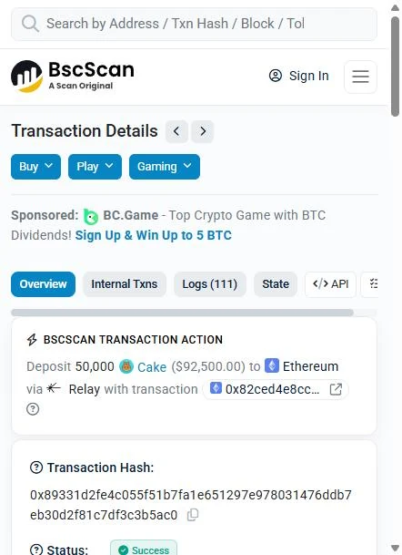 BscScan screenshot of a Relay bridge transfer moving 50,000 CAKE from BNB Smart Chain to Ethereum.