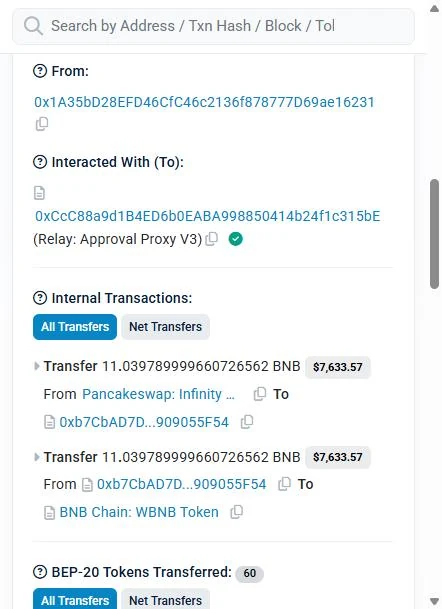 BscScan screenshot of a Relay bridge transfer sent from address 0x1a35bD28 through the Relay approval proxy on BNB Smart Chain.