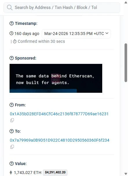 Etherscan screenshot of the transaction sending 1,743.027 ETH from address 0x1A35bD28 to the funding wallet 0x7a79969a on 24 March 2026.